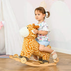 Giraffe plush ride-on rocker with wooden base and wheels, baby seated on top