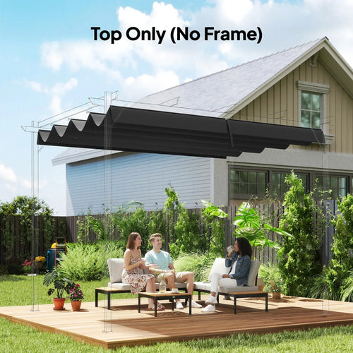 Dark grey retractable pergola canopy top mounted on a pergola frame