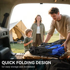 Blue folding storage wagon with overhead canopy and side pockets on open frame