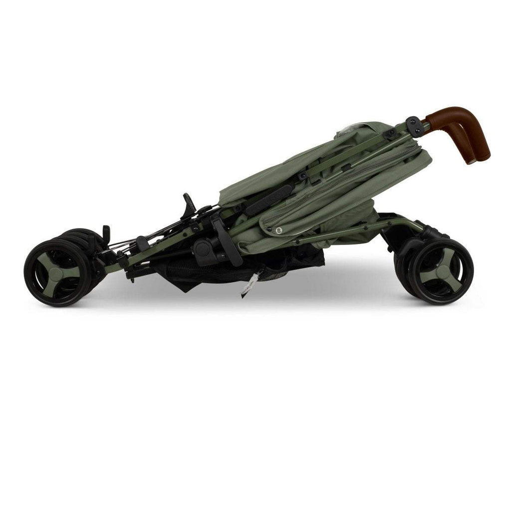 Olive green stroller in side view, folded with wheels and handlebar visible