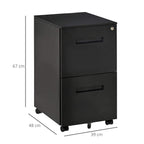 Black mobile 2-drawer filing cabinet with lock handle and caster wheels