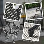 Black round patio table with grid top, outward curved legs, and adjustable foot pads
