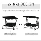 Black three-seater swing bed shown in two modes: swing chair and hammock bed
