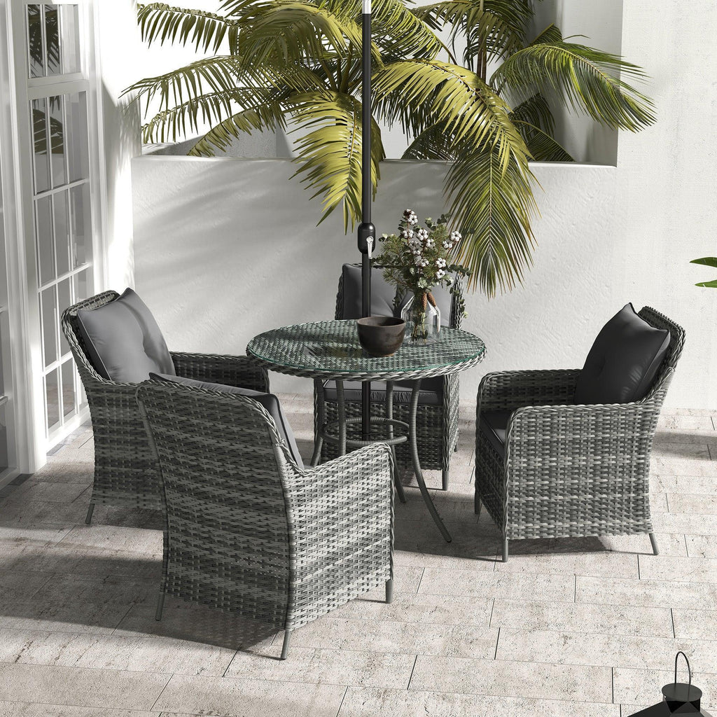 4 Seater Rattan Dining Set with Parasol & Cushions - Mixed Grey - Bobobiy