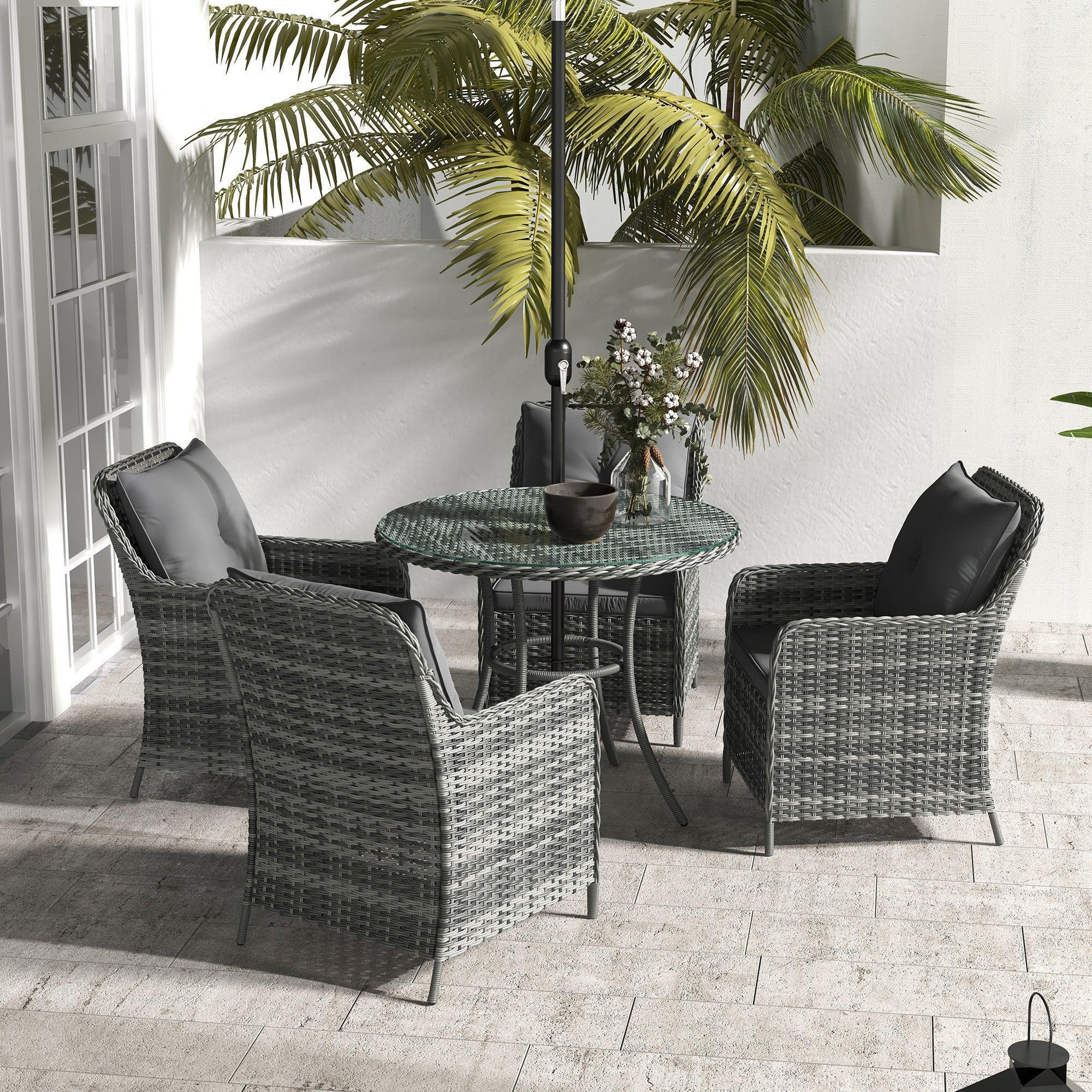 4 Seater Rattan Dining Set with Parasol & Cushions - Mixed Grey - Bobobiy