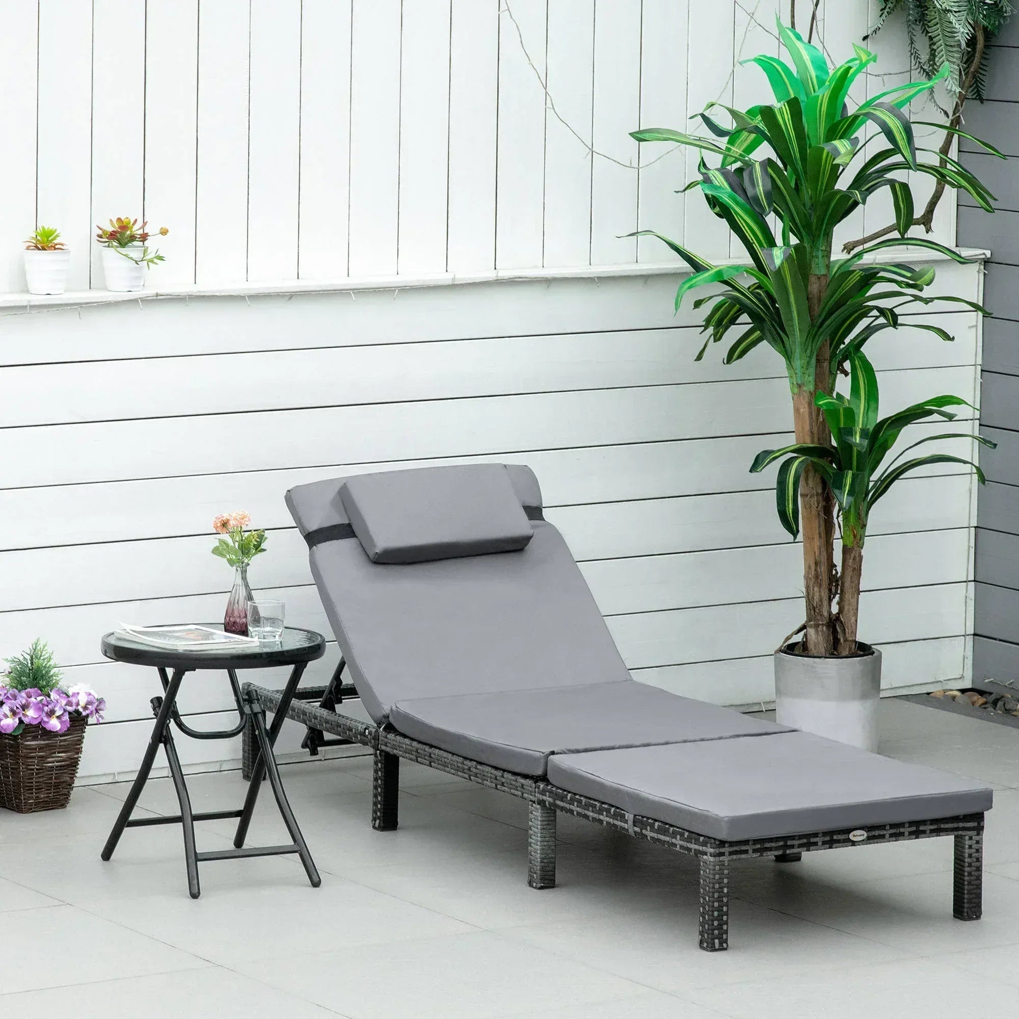 Rattan Sun Lounger, 5-Level Adjustable Garden Lounger Recliner with Cushion and Headrest, Outdoor Reclining Sunbed, Steel Frame Garden Chair for Patio, Beach, Terrace, Dark Grey - Bobobiy