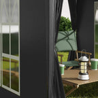 Black gazebo side opening with window panel and view into the covered interior