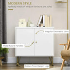 White sideboard cabinet with two doors, geometric detailing, and brass-tone hairpin legs