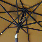 Underside of brown patio umbrella canopy with metal cross ribs and center hub