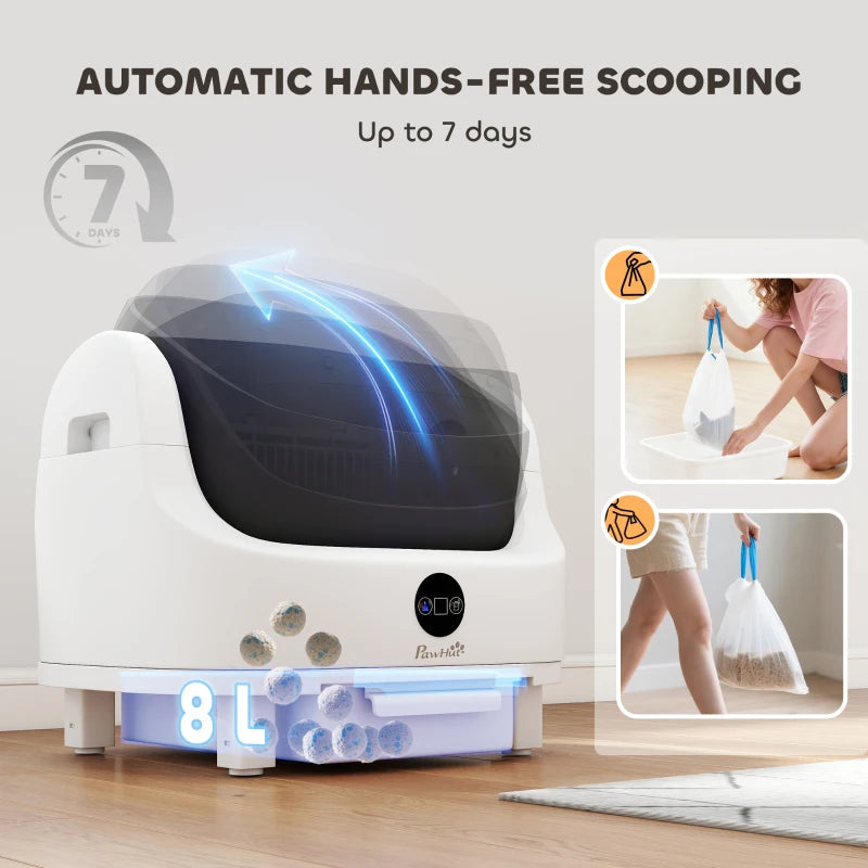 White automatic hands-free cat litter box with 8L capacity drawer and front controls.