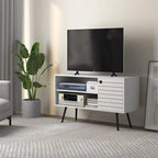 White TV media console with striped cabinet door and open shelves for devices.