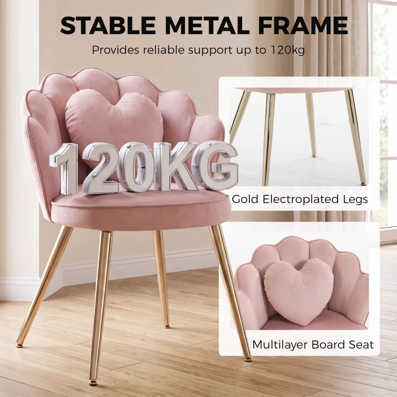 Pink velvet accent armchair with heart pillow, gold electroplated legs, cushioned seat