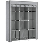 Light grey fabric wardrobe with hanging rail and multiple cube shelves, open front.