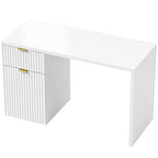 White computer desk with ribbed cabinet and two drawers, gold bar handles, thick top