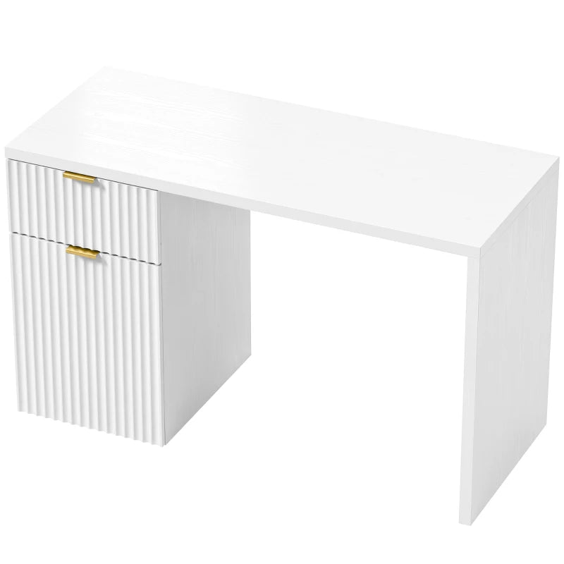 White computer desk with ribbed cabinet and two drawers, gold bar handles, thick top