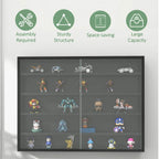Black wall display cabinet with glass doors on shelves, arranged with decorative figures