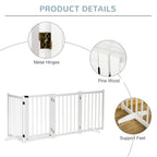 White wooden pet gate with metal hinges and support feet, vertical bar panels