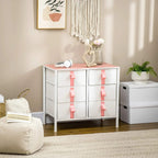 Pink-topped fabric drawer storage cabinet with metal frame, 6 gray drawers with pink tabs