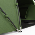 Dark green tunnel tent corner with mesh wall and gray support pole