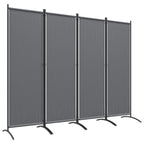 Dark grey 4-panel folding room divider with freestanding metal frame and wide feet