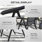 Grey folding garden chair features: steel frame, armrests, and non-slip foot pads