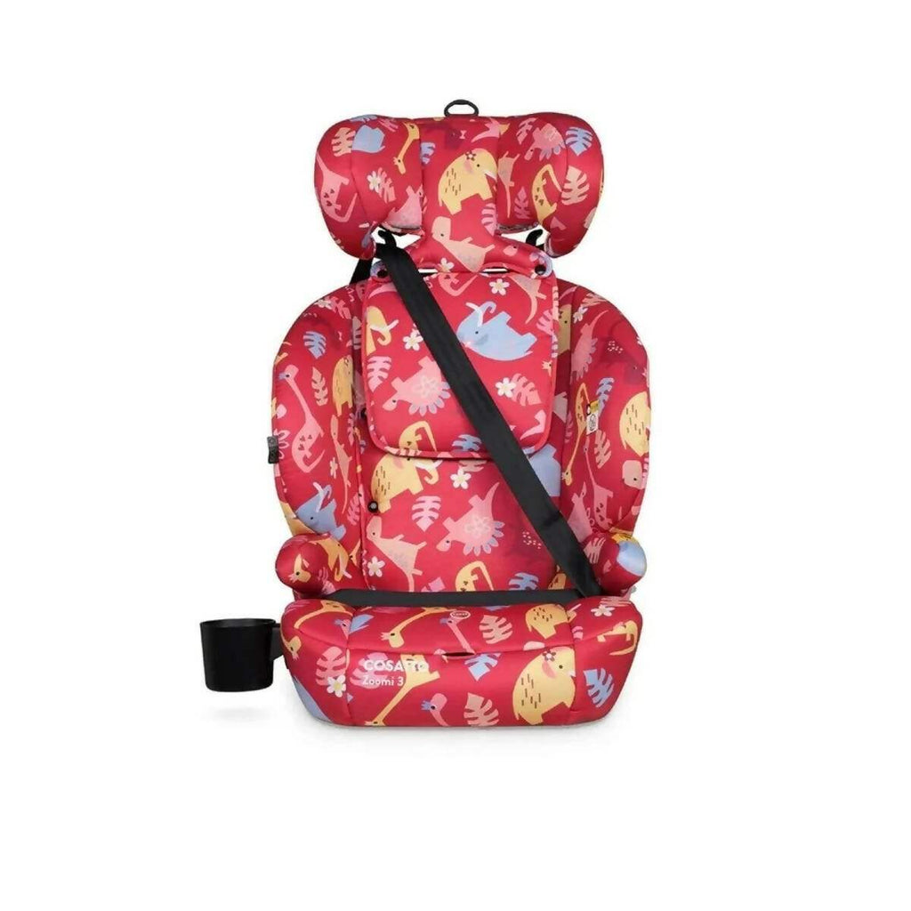 Red dinosaur-print car seat with front harness straps and padded headrest