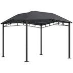Grey outdoor gazebo tent with steel frame and peaked canopy, open sides
