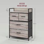 Grey wood-look chest with four drawers on legs, showing drawer layout