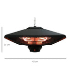 Black hanging patio heater with chain, halogen grille, and 43 cm width