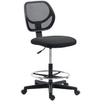Black mesh back armless standing desk chair with padded seat, round footrest ring, swivel base