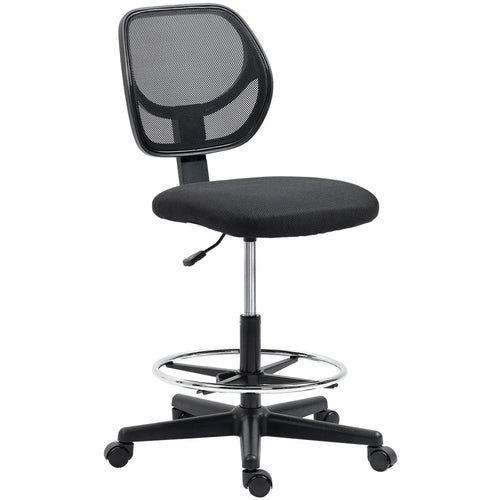 Black mesh back armless standing desk chair with padded seat, round footrest ring, swivel base
