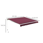 Wall-mounted retractable awning with maroon fabric canopy and scalloped front edge.