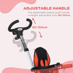 Red baby push tricycle stroller featuring height-adjustable parent push handle