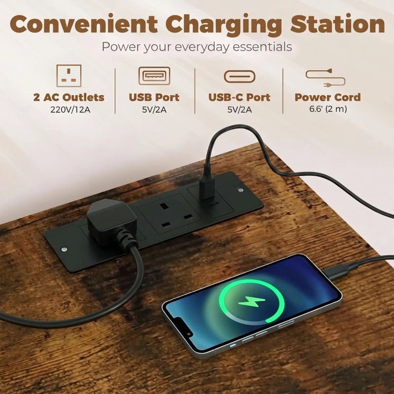 White sideboard power outlet station on built-in shelf with charging cords