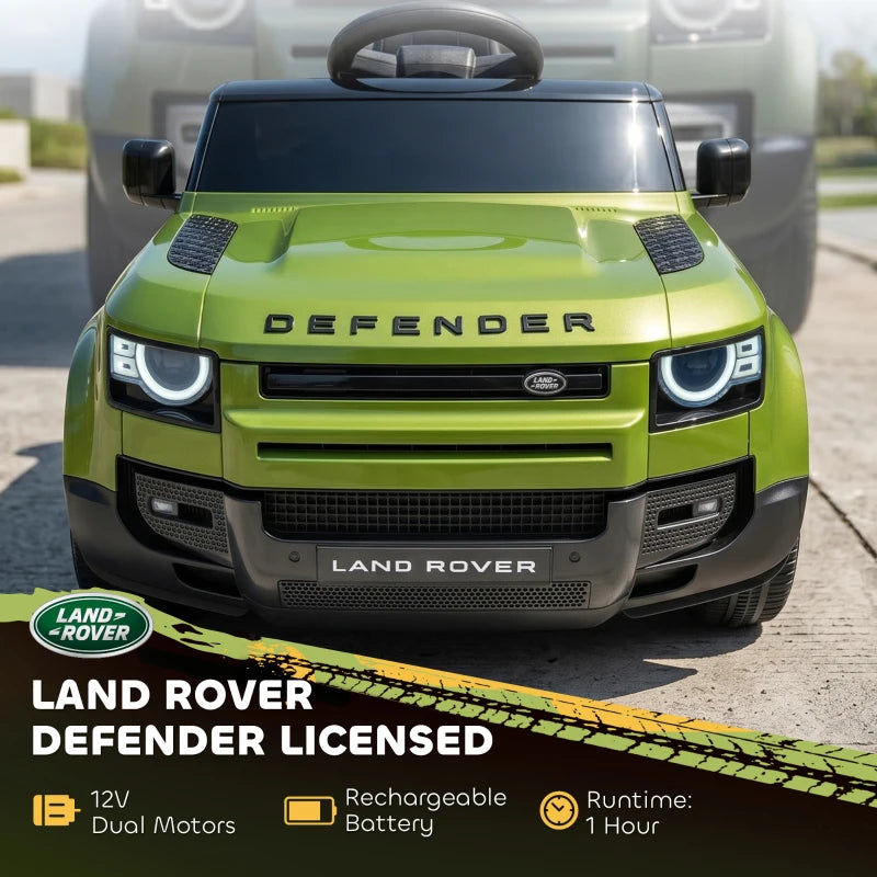 Front view of green kids electric ride-on car with headlights and grille