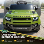 Front view of green kids electric ride-on car with headlights and grille