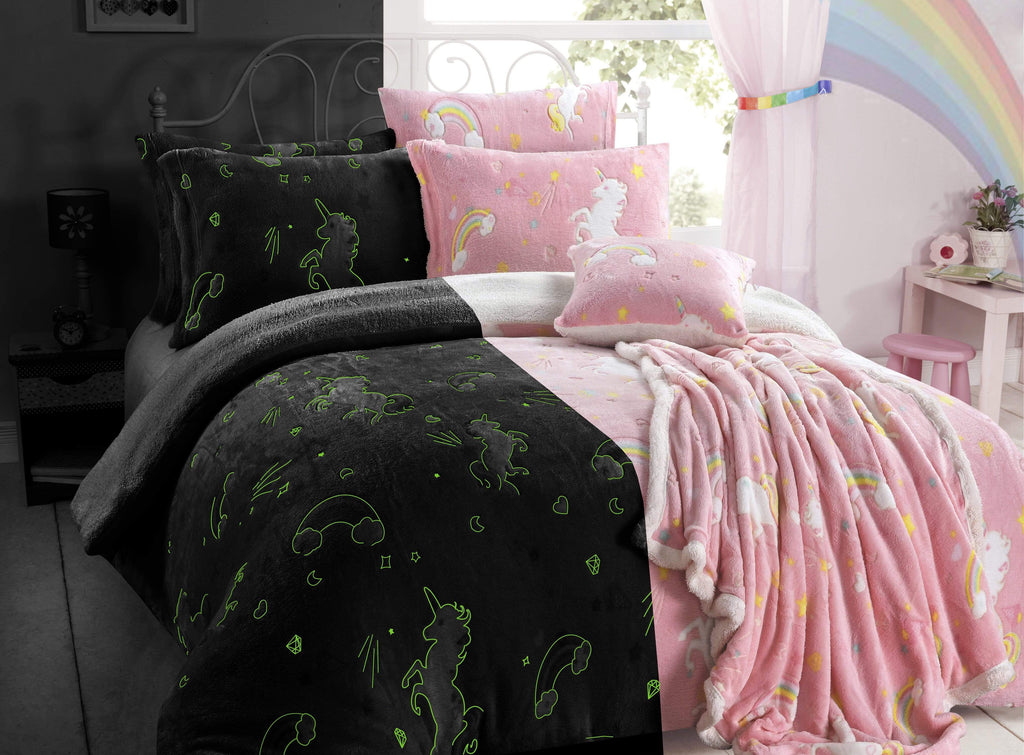 Magical Glow In The Dark Rainbow Unicorn Teddy Fleece Duvet Set for Kids Super Soft Cosy Bedding Perfect for Children's Bedrooms