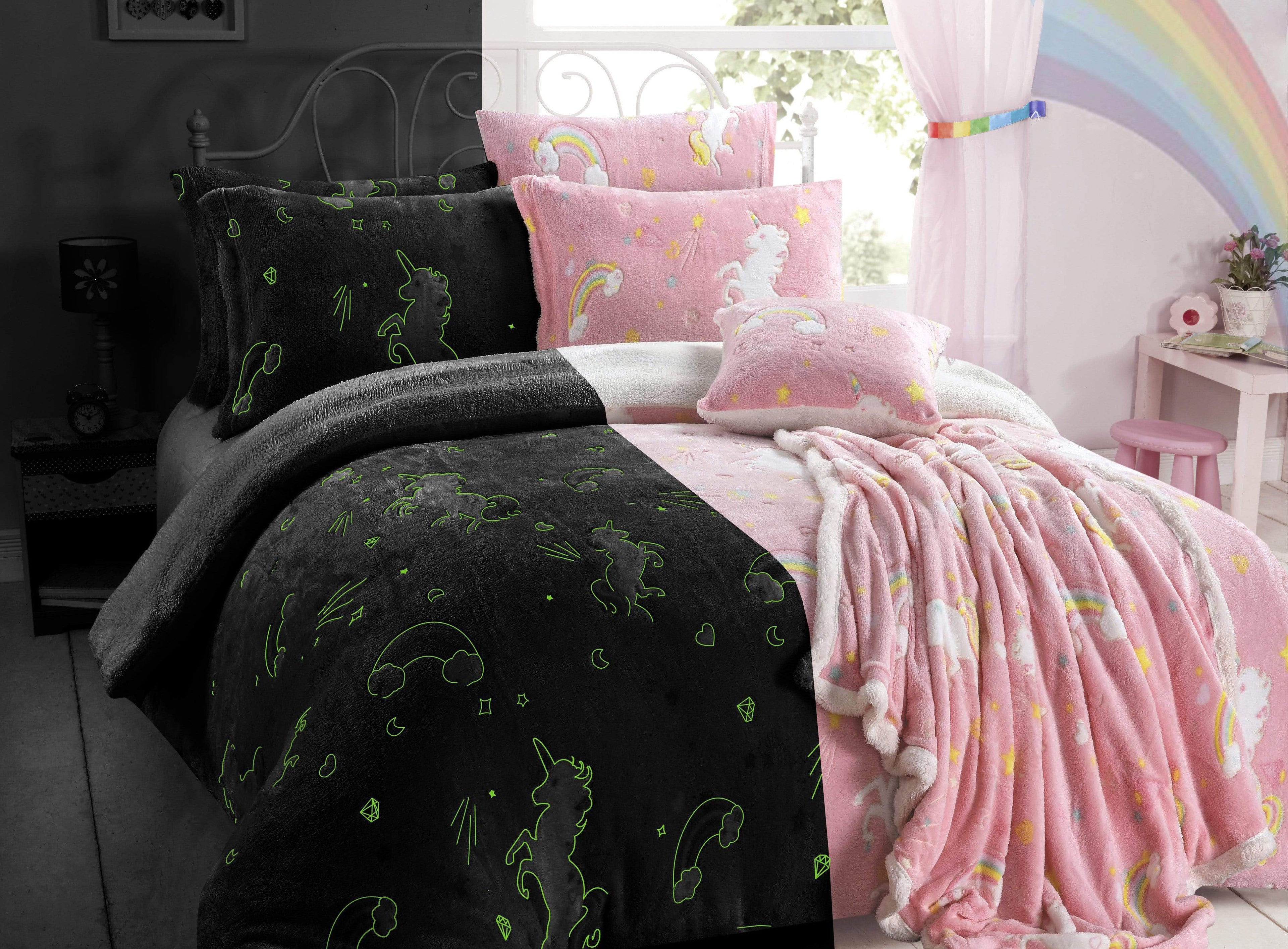Magical Glow In The Dark Rainbow Unicorn Teddy Fleece Duvet Set for Kids Super Soft Cosy Bedding Perfect for Children's Bedrooms