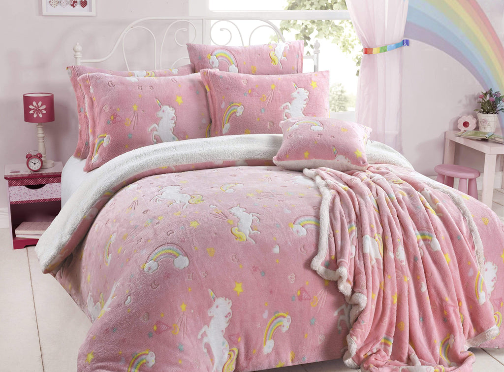 Magical Glow In The Dark Rainbow Unicorn Teddy Fleece Duvet Set for Kids Super Soft Cosy Bedding Perfect for Children's Bedrooms
