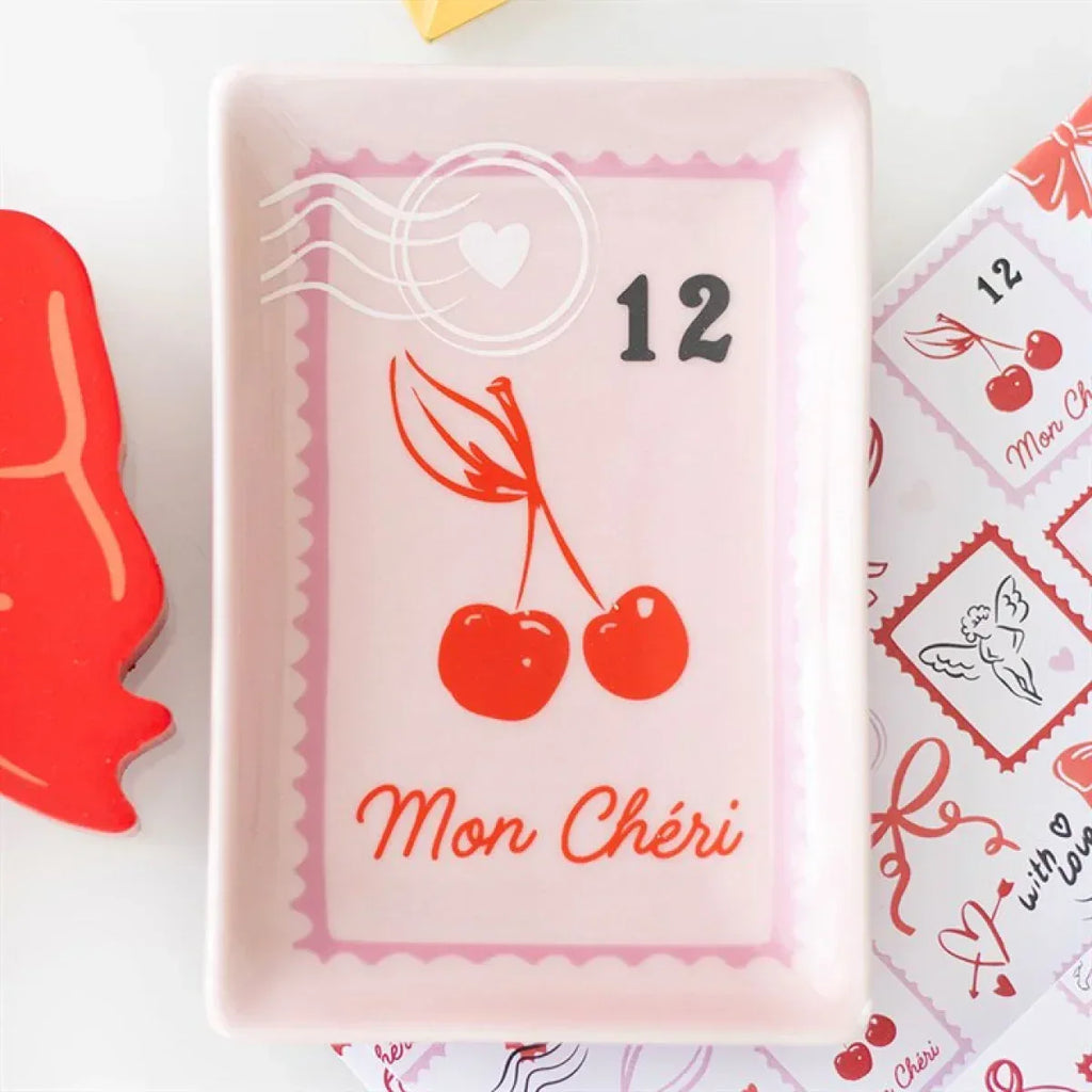 Cherry postage stamp trinket dish with pink rectangular design and cherry graphic