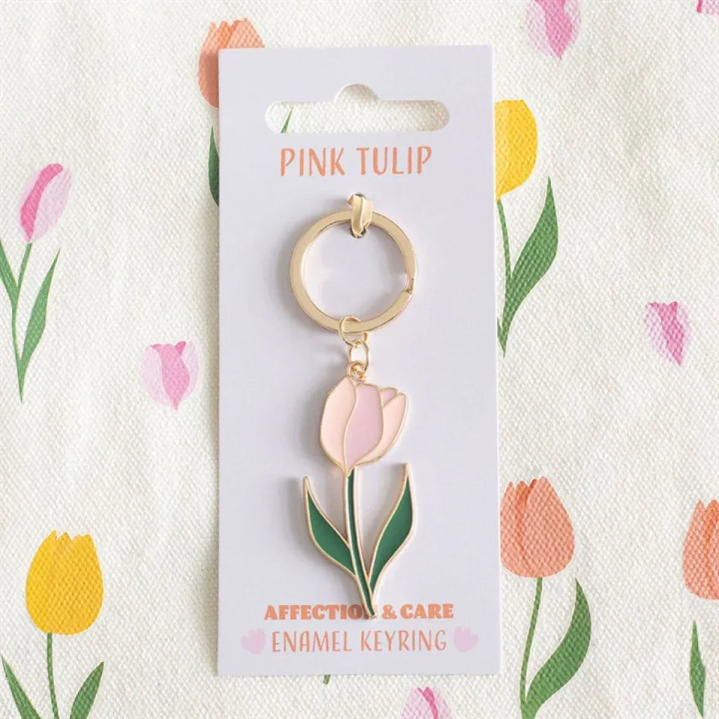 Enamel tulip keyring with gold ring, pink tulip charm, and green leaf accents