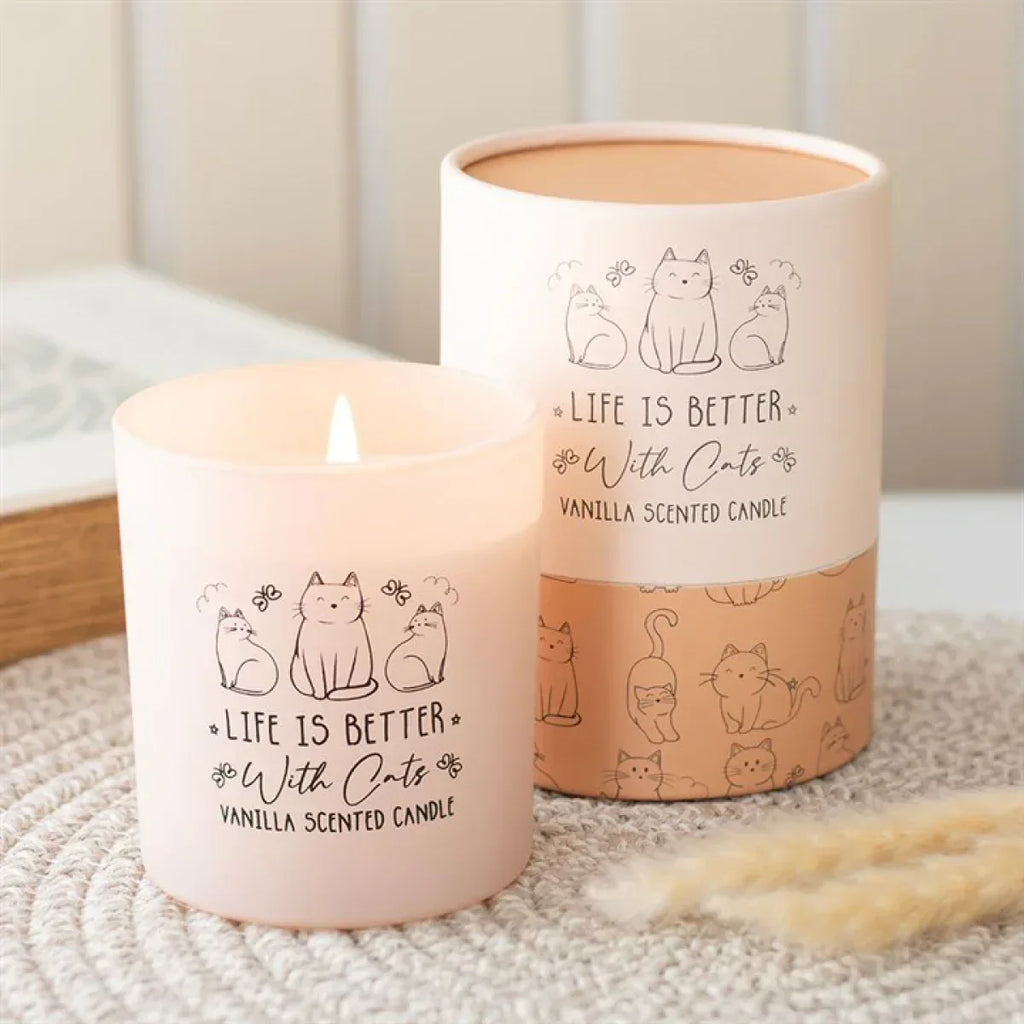 Pink vanilla scented candle jar with cat line art and 'Life is Better With Cats' text