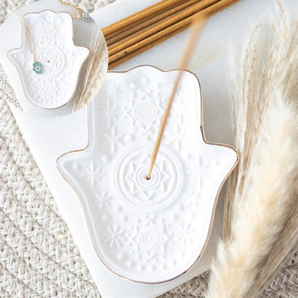 White Hand of Hamsa Incense Holder and Trinket Dish - Bobobiy