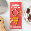 Pizza slice keychain on a red packaging card with text