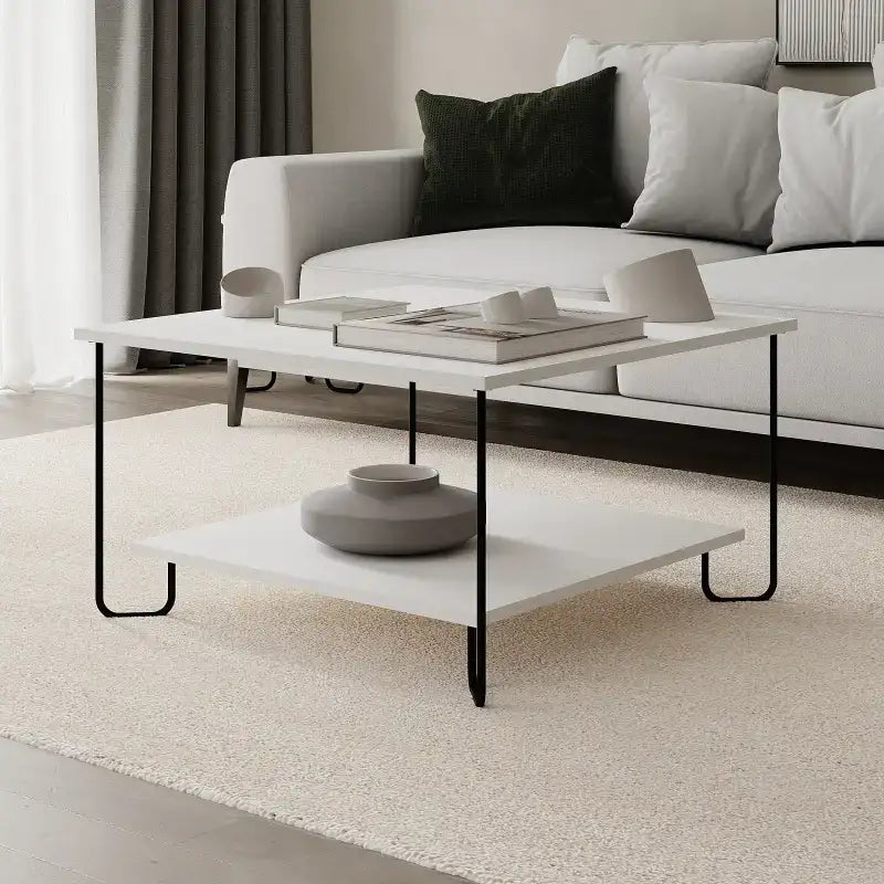 Contemporary coffee table with white top and open lower shelf on black metal legs.