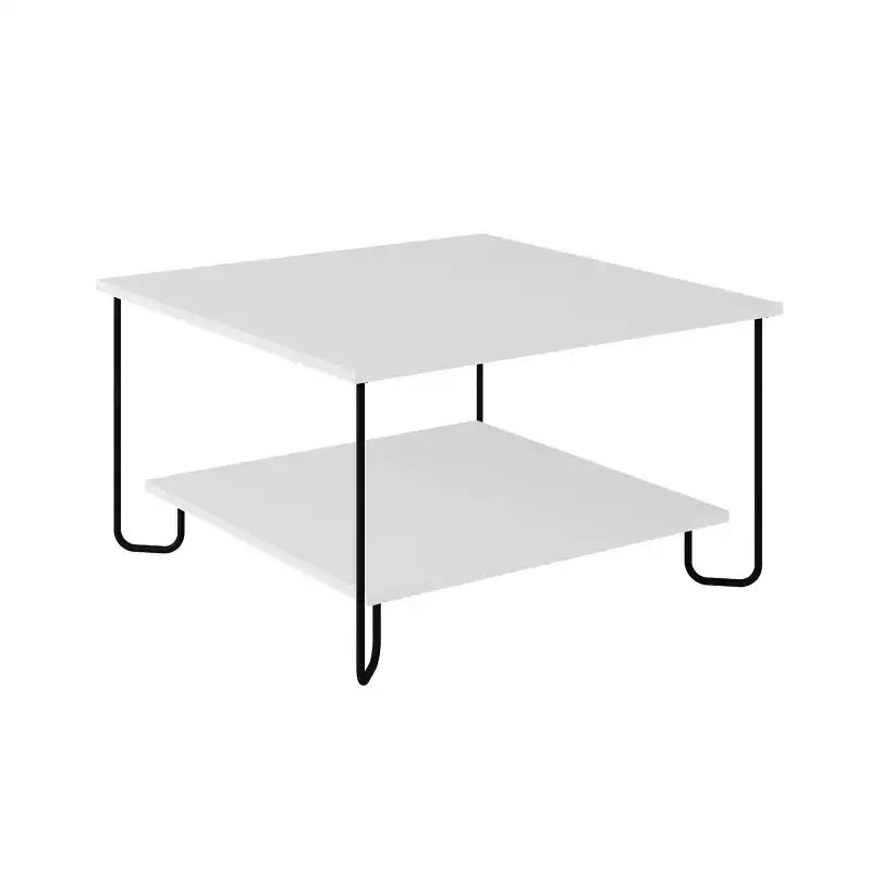 Minimalist coffee table with white top, white lower shelf, and black metal legs.