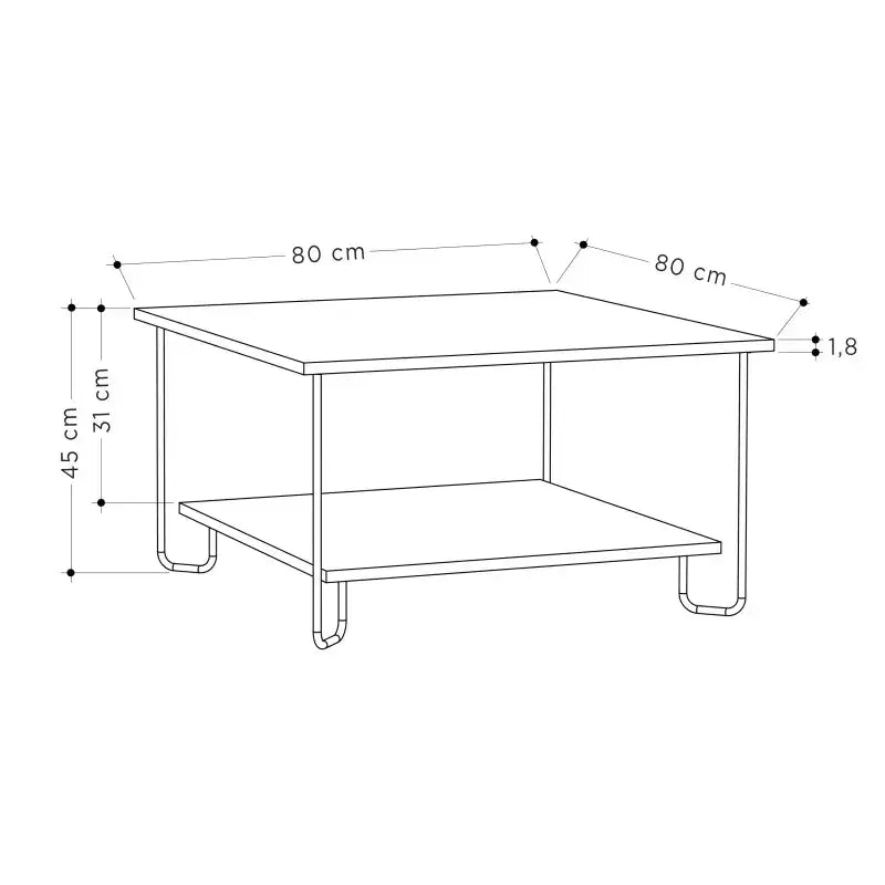Two-tier coffee table dimensions, white tabletop and shelf with black metal legs