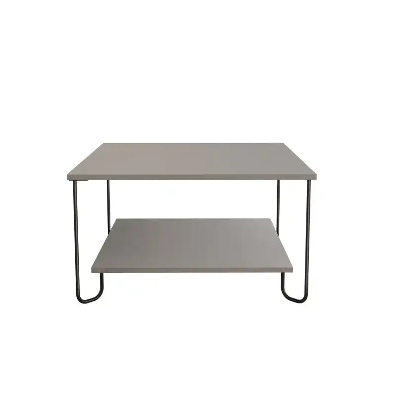 Modern two-tier coffee table with gray top and lower shelf, black metal frame
