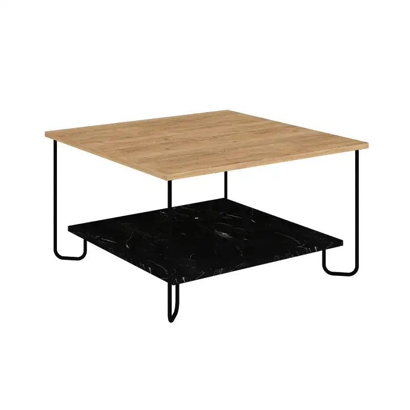 Square coffee table with light oak top and black lower shelf supported by black legs.