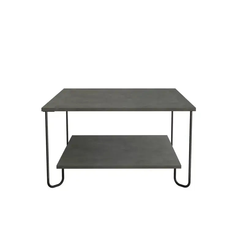 Modern two-tier coffee table with dark gray wood top and lower shelf, black metal frame